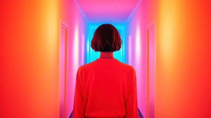 A person stands at the end of a brightly lit corridor, with vibrant hues of red and blue illuminating the space, creating a surreal atmosphere.