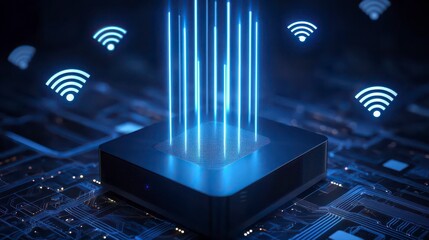 A futuristic device emitting blue light beams and WiFi signals, set against a dark, circuit-like background, symbolizing advanced technology and connectivity.