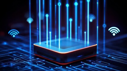 A futuristic device emitting digital signals and Wi-Fi icons, surrounded by glowing blue lines and circuits, representing advanced technology.