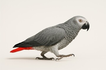 Fototapeta premium An African grey parrot (jacko) with grey plumage and a bright red tail stands on a white background, emphasizing its exotic beauty and intelligent expression.