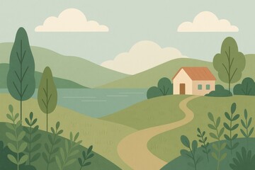 Peaceful countryside landscape with a small house and a winding path countryside landscape.