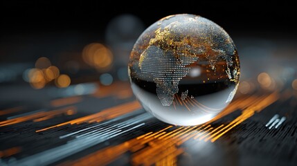 Crystal globe shows glowing digital continents on a dark, data-streaked background