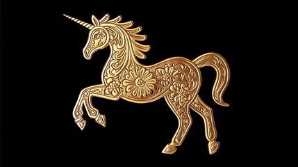 A golden unicorn design with floral patterns on a black background, symbolizing magic and fantasy.