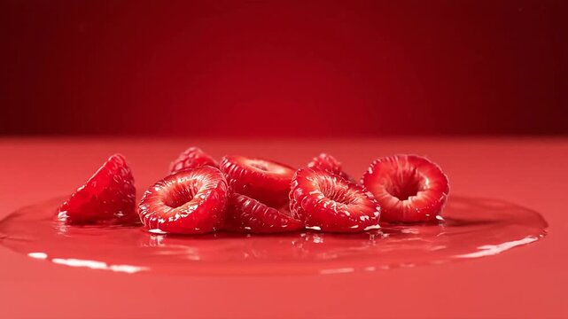Ripe raspberries splashing into red juice showing bumpy texture and hollow centers.