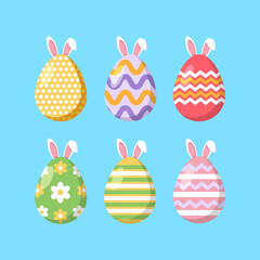 Set of 6 colorful Easter eggs with different patterns, flat design Easter egg collection, spring holiday decorative elements vector.