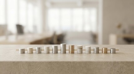 Minimalist display of cylindrical geometric objects in a modern workspace with soft natural lighting and an elegant background