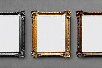 Stylish Art Installation Comprising Three Metal Frames Against Gray Backdrop With Detailed Decoration