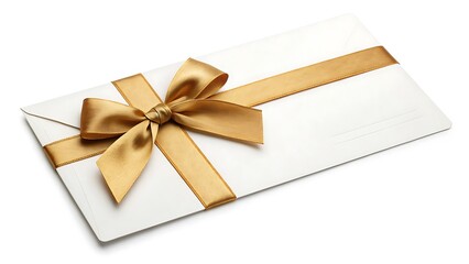Blank Gift Card Envelope with Golden Satin Ribbon Bow, Elegant Flat Lay on White Background