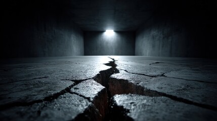 Deep fissure on cracked concrete floor in dark, enclosed space with distant light