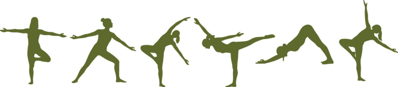 Green silhouettes of women in various yoga poses on white background for meditation and exercise illustrations