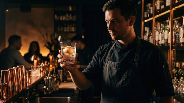 Man bartender holding molecular cocktail with peach spherification. Molecular gastronomy and mixology concept. Luxury bar drink presentation - Powered by Adobe