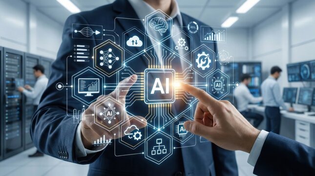 AI technology concept interface with businessman activating artificial intelligence system through holographic display in data center environment - Powered by Adobe
