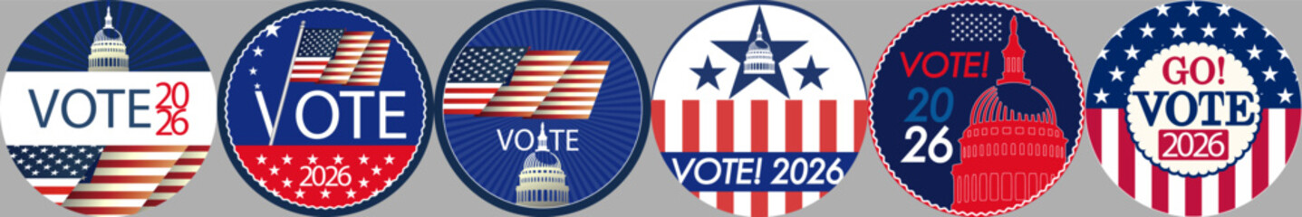 United States Midterm elections 2026, Senate, House of Representatives and Gubernatorial elections VOTE US round, pin, button, icon set. Electoral symbols, United States of America USA Flag.