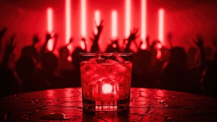 Vibrant red cocktail on a table in a lively nightclub scene