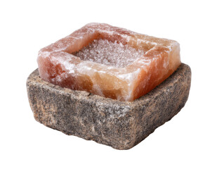 A square-shaped salt lamp with a natural, earthy aesthetic, placed on a stone base, creating a sense of serene ambiance Isolated Transparent Background, PNG