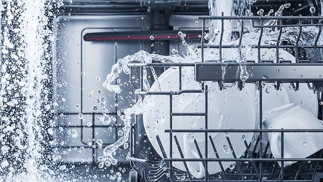 A dishwasher with water splashing and soap suds during a wash cycle