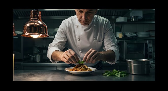 Final Touch: Chef Placing Basil Leaves on a Plate of Spaghetti