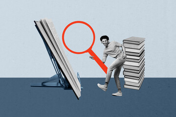 Naklejka premium Poster image artwork pop collage of happy hipster guy dance book stack education hold magnifier lens zoom investigate leaner