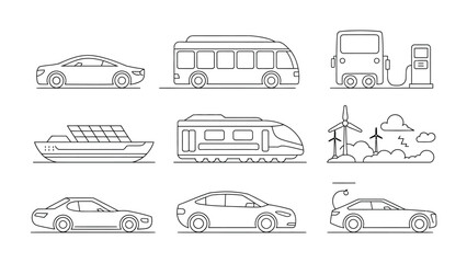 Obraz premium Innovative Transport Illustration: A collection of various modern vehicles, from cars to a boat to a train, all depicted in a clean, minimalist style to showcase the concept of transport, mobility.