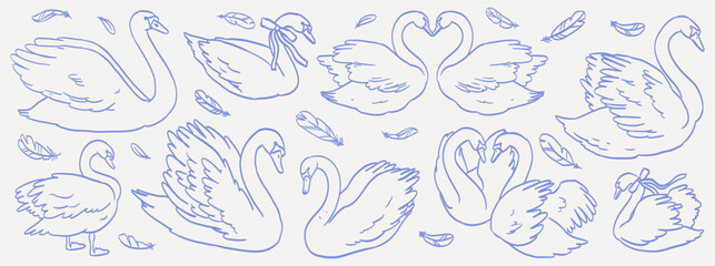 Line minimalist swans set. Beautiful elegant birds with heart shape necks on white background. Swan in ink victorian romantic style for wedding invitation card design. Hand drawn vector illustration. © KPstudio