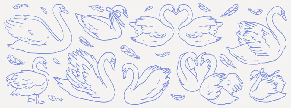 Line minimalist swans set. Beautiful elegant birds with heart shape necks on white background. Swan in ink victorian romantic style for wedding invitation card design. Hand drawn vector illustration.