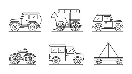 Vehicular Variety: A collection of various vehicles, including an off-road car, a horse-drawn cart, another car, bicycle, a truck, and a trailer, each rendered in a simple, minimalist line art style. © abidakhatun