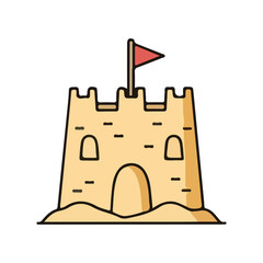 Sandcastle icon with red flag Summer beach vacation fun outline art