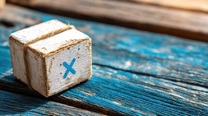 Obraz premium Small distressed wooden crate with a blue cross symbol rests upon weathered wooden planks