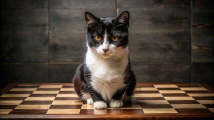 A tuxedo cat sits majestically on a wooden checkered game board, its intense gaze captivating against a dark, textured background.