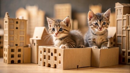 Two adorable kittens playing amongst miniature cardboard houses, exploring a tiny world of imagination and wonder.