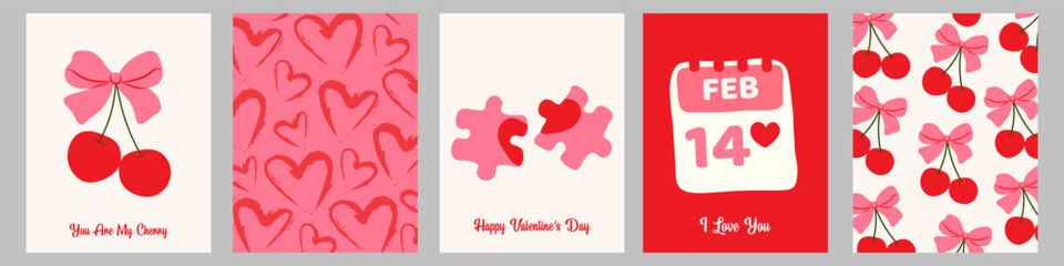 Valentine’s day romantic greeting card set with love puzzle, february 14 calendar, cherry, heart and cherry pattern. Vector illustration © Huma Fida