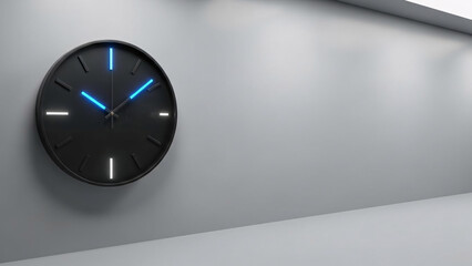 Analog wall clock redesigned with digital glow accents on minimalist futuristic wall