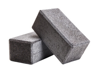 Two gray concrete bricks arranged neatly against each other, suitable for construction purposes. They possess a textured surface. Isolated Transparent Background, PNG