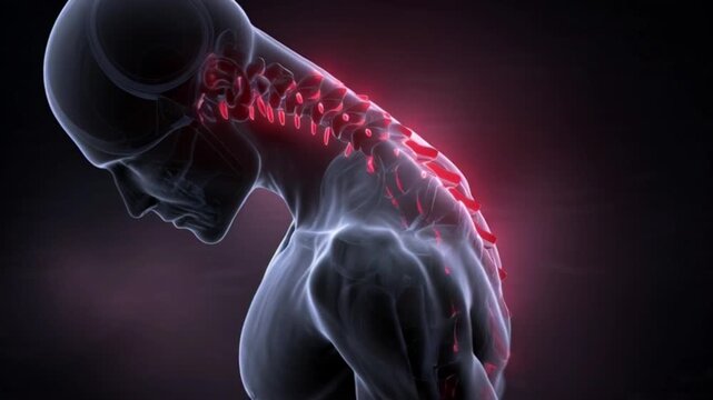 Male hurt backbone vertebrae pain concept, man holding lower back, realistic medical illustration, highlighted spine pain area, cinematic lighting, high detail, 4K