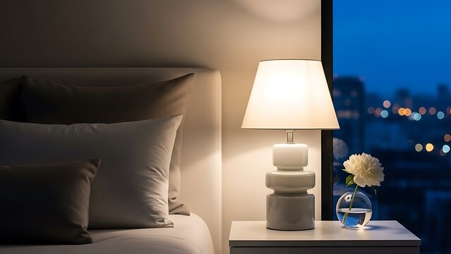 A serene bedroom scene with a lamp and flower on a bedside table at night
