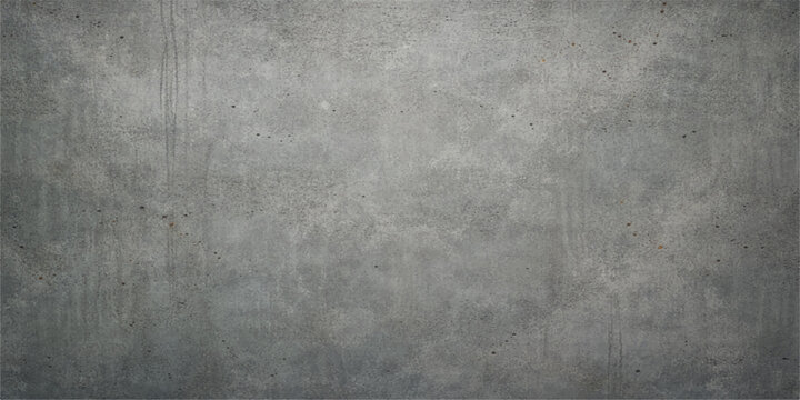 A dark and aged brushed metal plate with a grunge texture creates a vintage gray background on a rough, dirty concrete surface backdrop