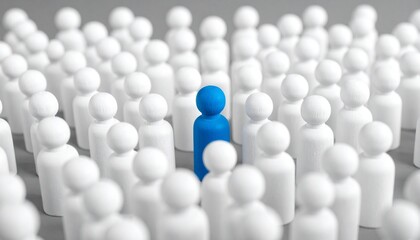 Single Blue Human Figure Standing Out in a Crowd of White Figures Representing Leadership and Individuality
