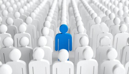 Single Blue Human Figure Standing Out in a Crowd of White Figures Representing Leadership and Individuality