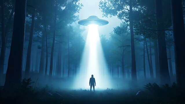 A man stands in a dark forest illuminated by a UFO's bright light beam
