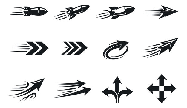 Dynamic graphic speed and motion icon set featuring various arrows and rocket symbols for conveying fast movement and direction