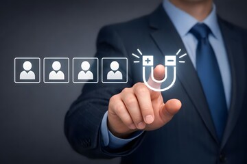 Inbound marketing strategy concept. customer retention, digital marketing and creating attraction for customer groups in business. Businessman touch inbound marketing icon on virtual screen.