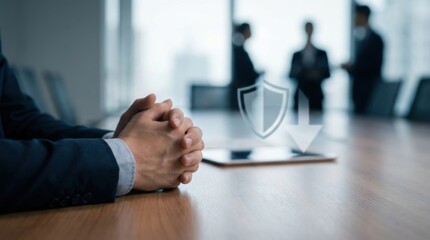 Businessman with Folded Hands at Conference Table Signifying Trust and Collaboration in Modern Office Environment