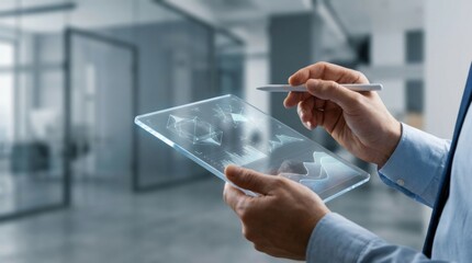 Business professional using digital tablet for data analysis and visualization in modern office environment with graphs and charts
