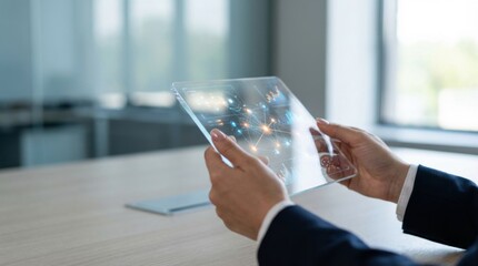 Businessperson Interacting with Transparent Digital Device in Modern Office Environment Showcasing Future Technology Concepts