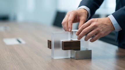 Business Professional Assembling Modern Transparent Sculpture on Conference Table in Bright Office Environment