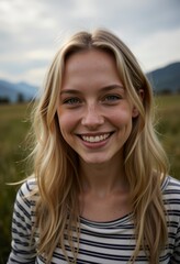 L&auml;chelnde junge Frau in nat&uuml;rlicher Landschaft bei Tageslicht