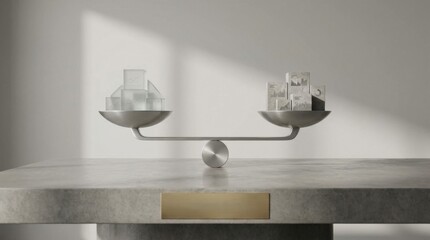 Modern balance scale with transparent geometric shapes and a sleek metal design on a minimalist surface for architectural concepts