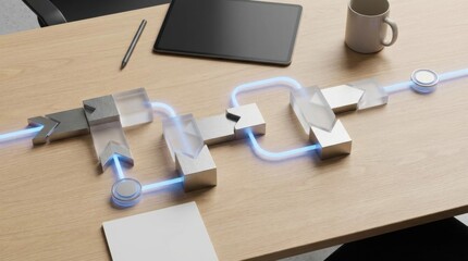 Modern Office Desk with Futuristic Design Elements and Transparent Geometric Shapes Enhancing Productivity and Creativity