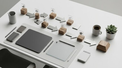 Modern Workspace with Minimalist Design, Creative Tools, Stylish Decor, and Organizational Elements for Productivity Enhancement