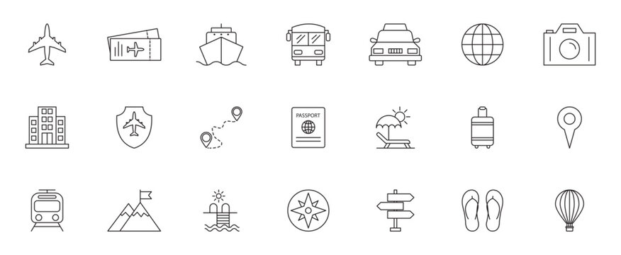 Travel editable stroke icons set. Travel, hotel, holiday, tourism, beach, plane, map, agent and insurance. Vector Illustration.
